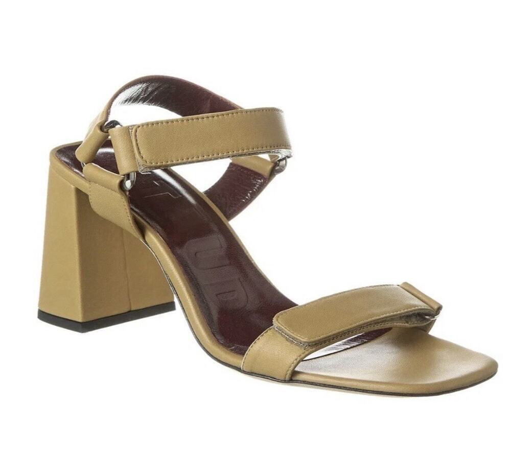STAUD Betty Leather Block Heel Sandal Khaki Size 9.5 Hook And Loop Square Toe